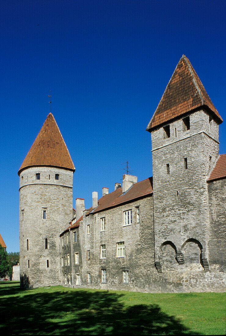 City Wall under blue sky, Tornide Valjak, Tallinn, Estonia, Europe