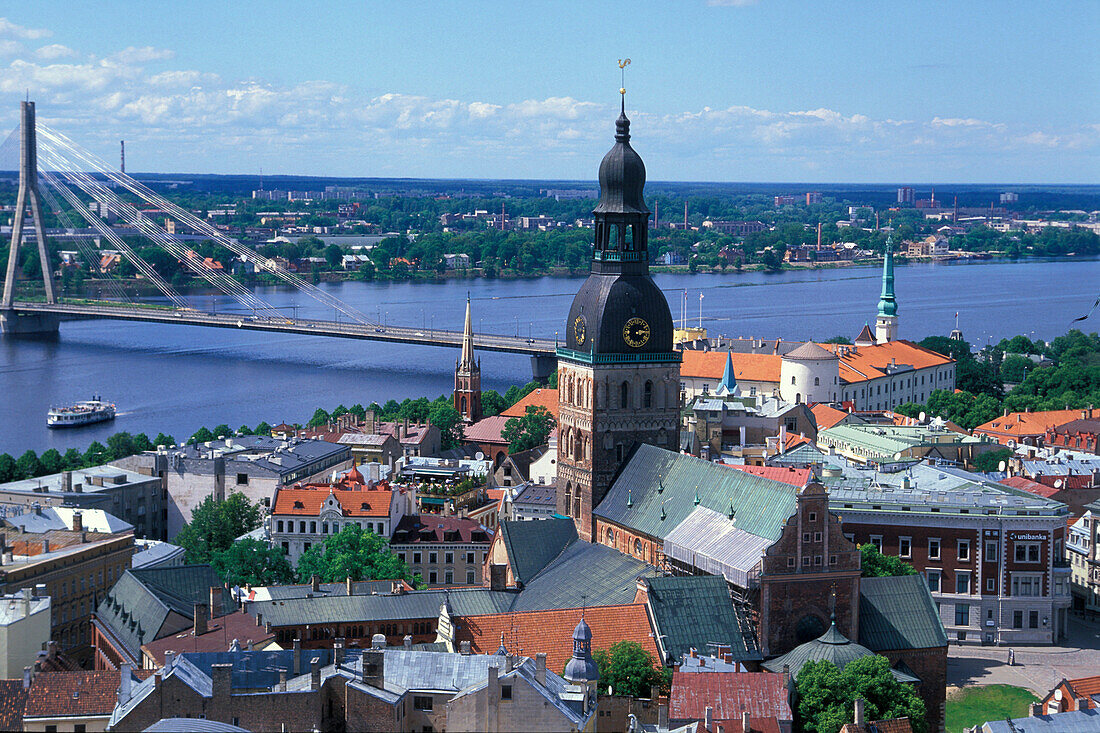 View at the cathedral and the houses of Riga at the river Daugava, Riga, Latvia, Europe