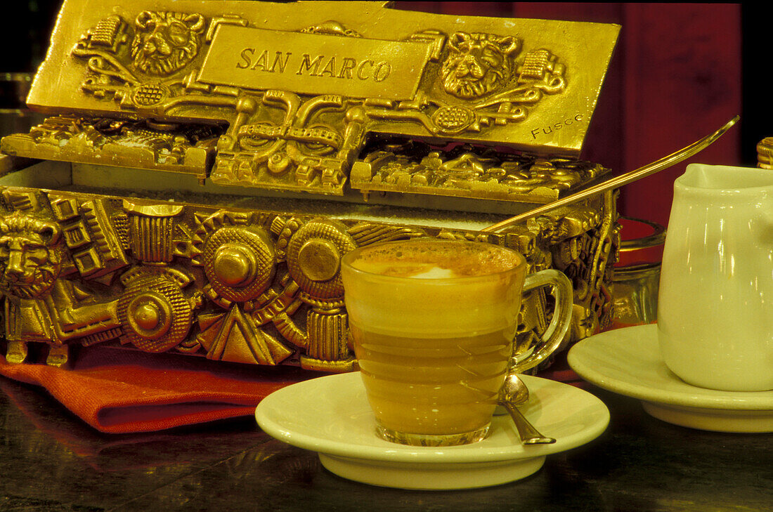 Coffee Macchiato on a table at Cafe San Marco, Triest, Friuli, Italy, Europe