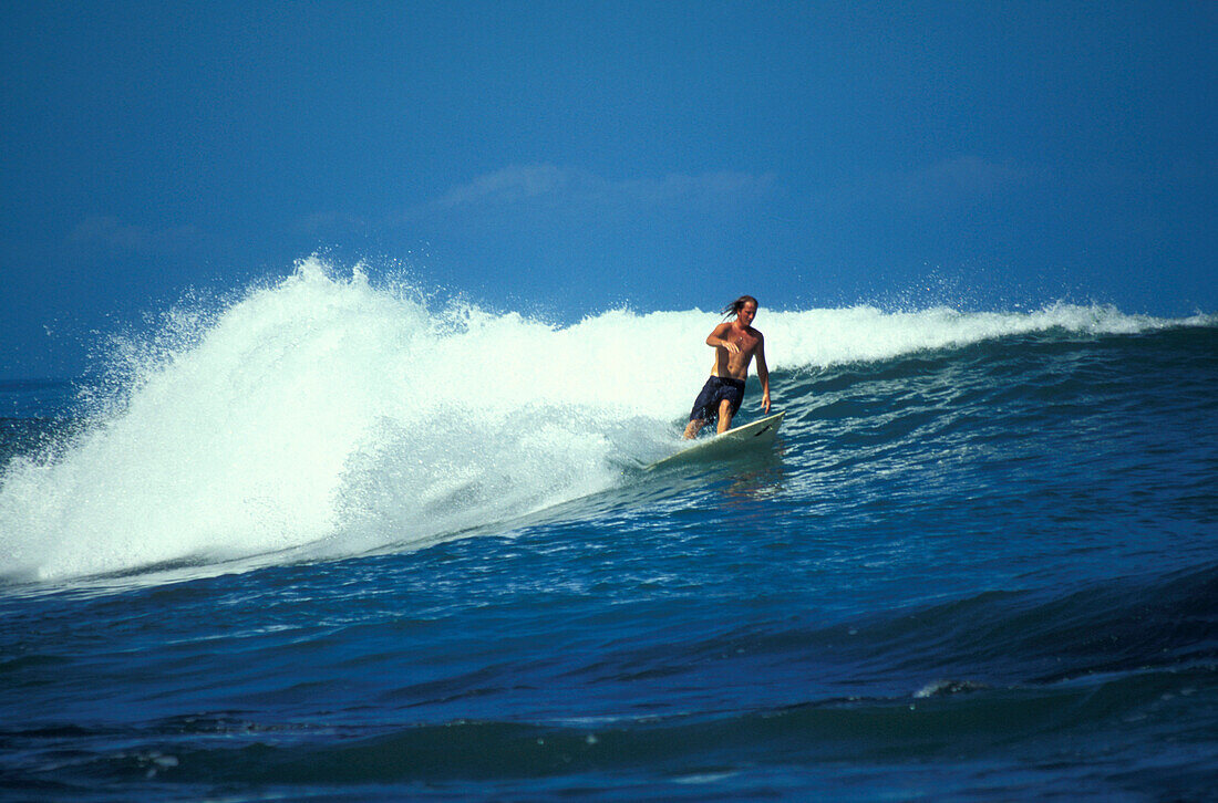 Surfer auf einer Welle im Sonnenlicht, Costa Rica, Karibik, Amerika