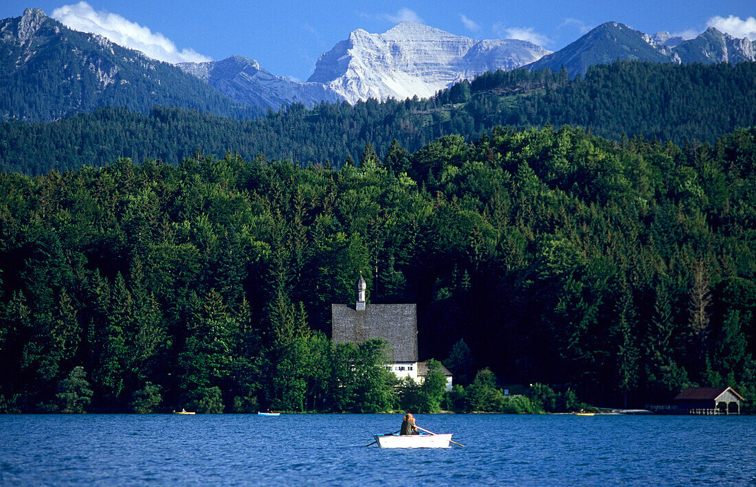 Rowboat on Lake Walchen, Karwendel range in background, Walchensee, Bavaria, Germany