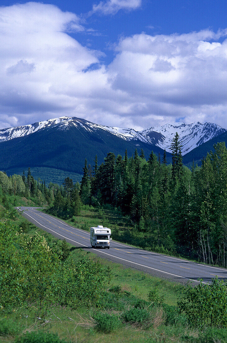 Camper on Stewart Cassier Highway in the sunlight, British Columbia, Canada, America