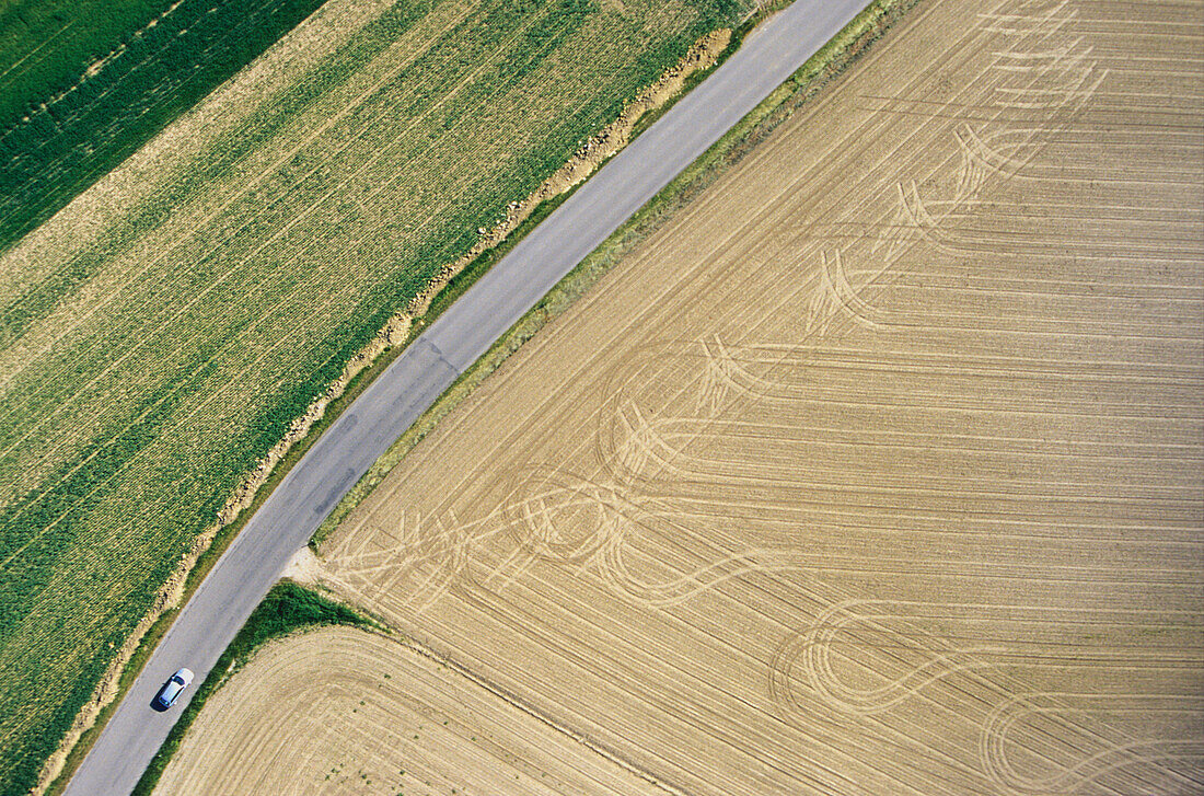 Aerial view of a country road, west of Munich, Bavaria, Germany