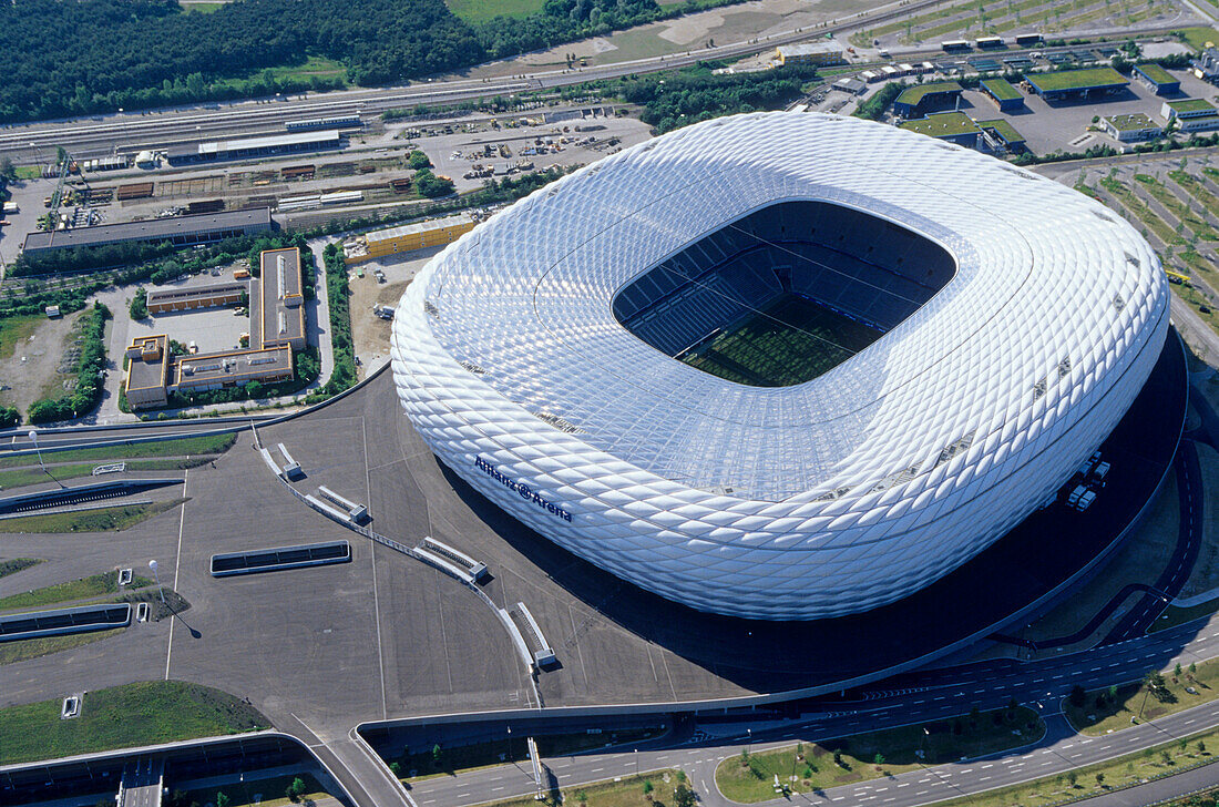 Aerial view of Allianz Arena, Allianz Arena, Munich, Bavaria, Germany