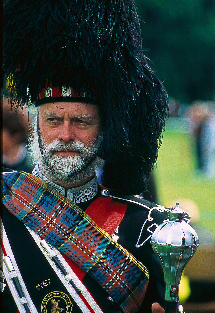 Alter Schotte in Tracht, Highland Games, Birnam, Schottland, Großbritannien