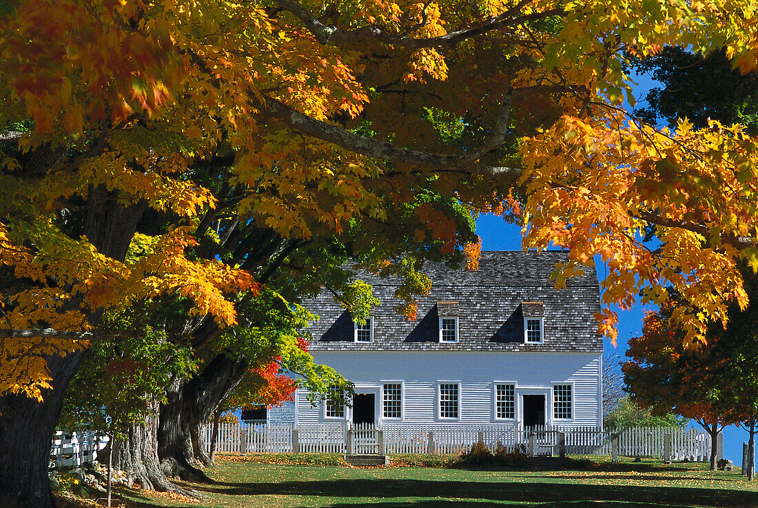 Rathaus mit herbstlichen Bäumen, Shakerdorf, Canterbury, New Hampshire, Neuengland, Amerika