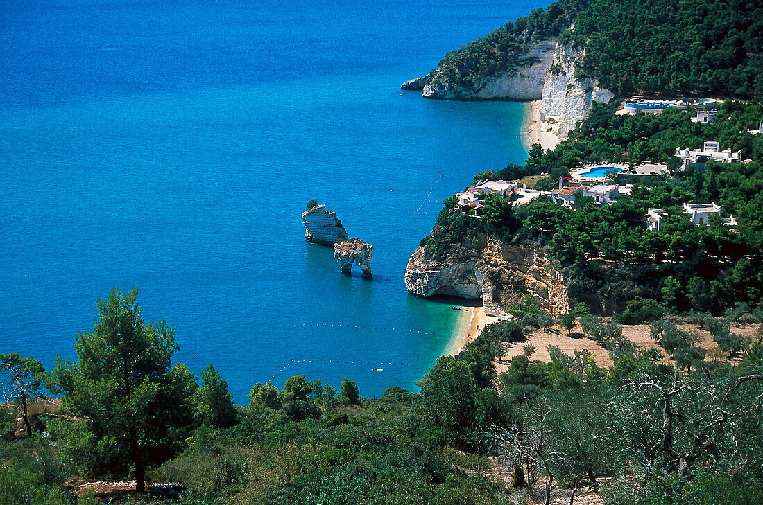 View at coast area and rock formation, Baia delle Zagare, Gargano, Foggia province, Apulia, Italy, Europe