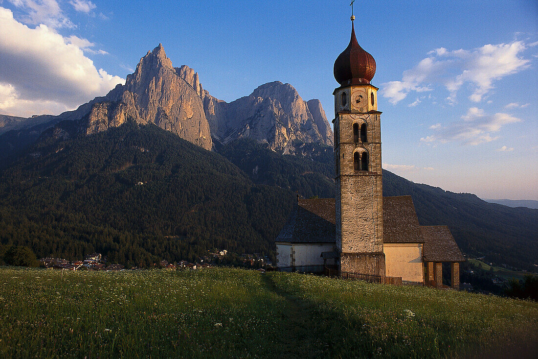Church of St. Valentin with Scilliar Mountain, Siusi, Alto Adige, Italy