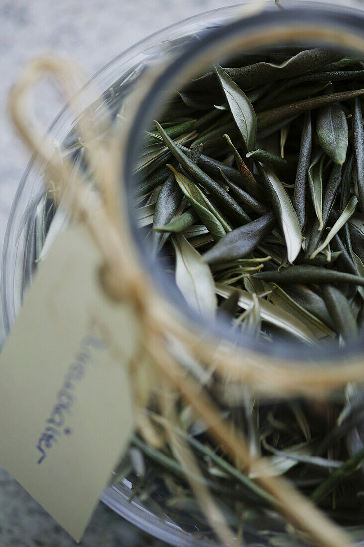 Getrocknete Olivenblätter in einem Glasgefäss