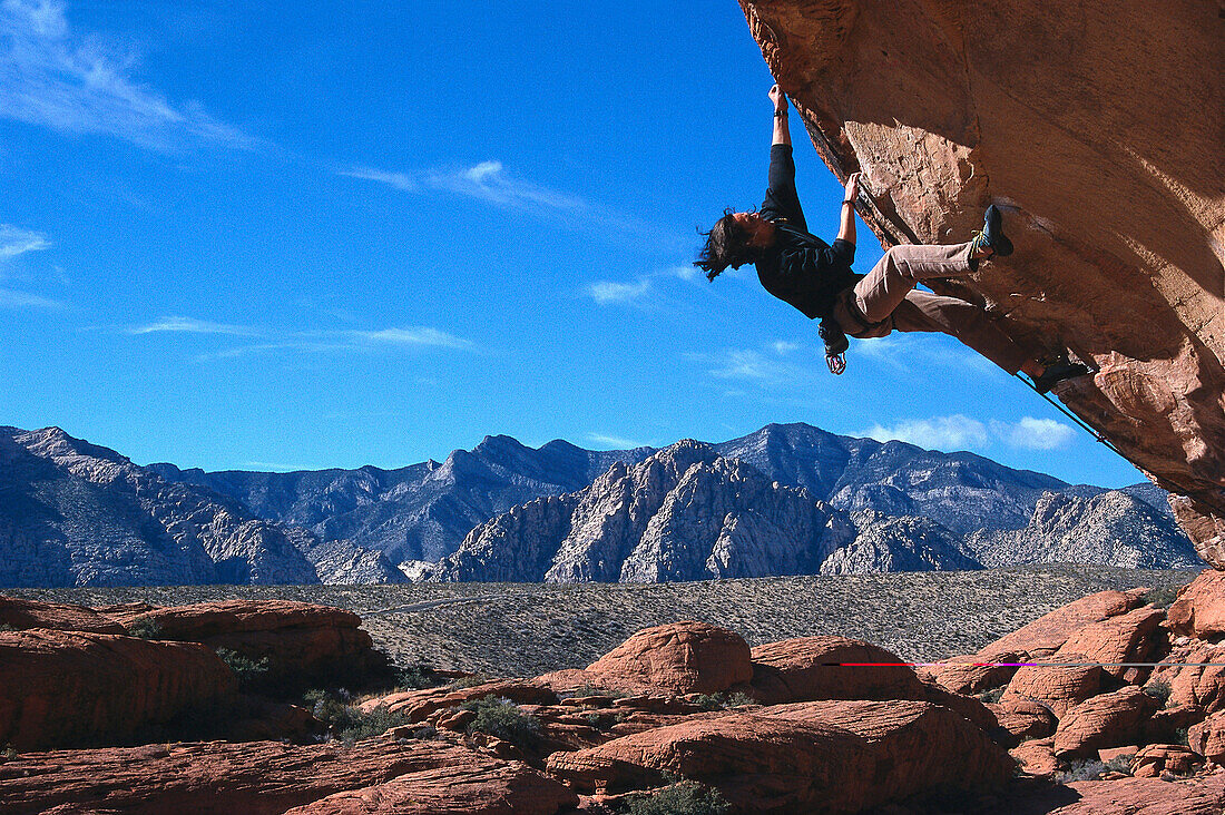 Mann beim Klettern, Freeclimbing, Red Rocks bei Las Vegas, Nevada, USA