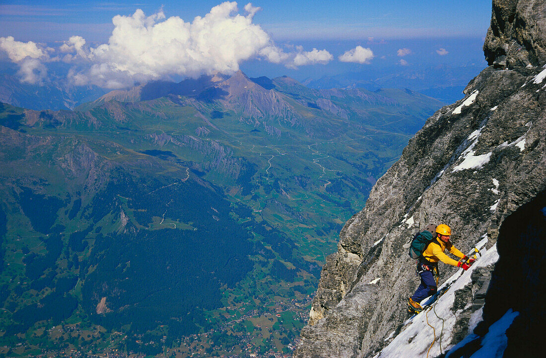 Man climbing Goetterquergang, Eiger Nordwand, Berner Oberland, Switzerland