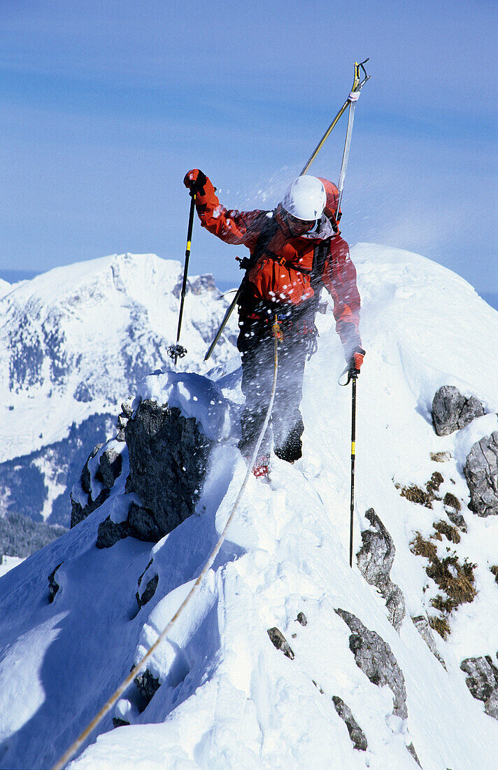Alpinist on ridge, Strichkogel, Gosaukamm, Austria