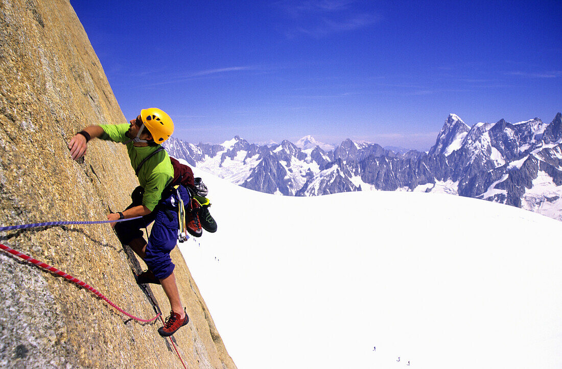 Climber at mount Aiguille du Midi, Mont Blanc, Chamonix, Rhone-Alpes, France