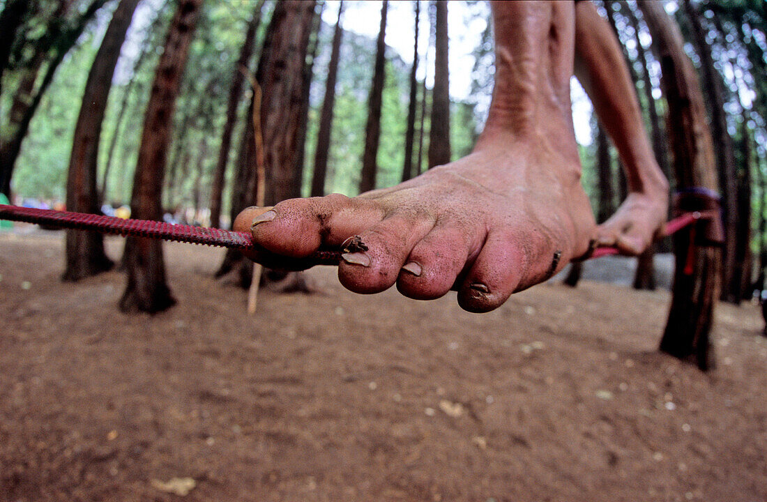 Climber's foot during funambulation, Camp 4, Yosemite Valley, California, USA