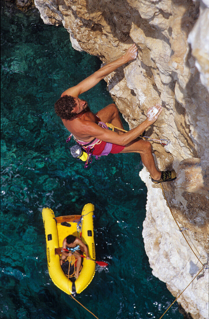 Miroslav Stec climbing Crown Point Route, rock climbing, Hvar, Dalmatia, Croatia