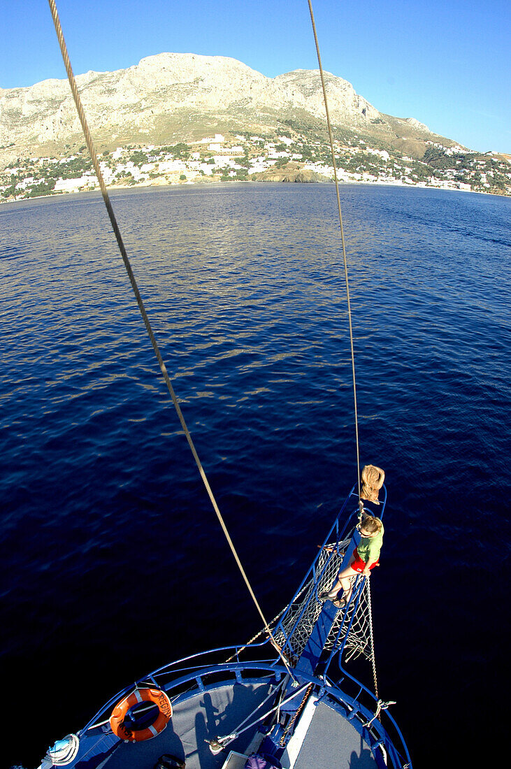 View from ship's mast to coast of Kalymnos, Kalymnos, Greece
