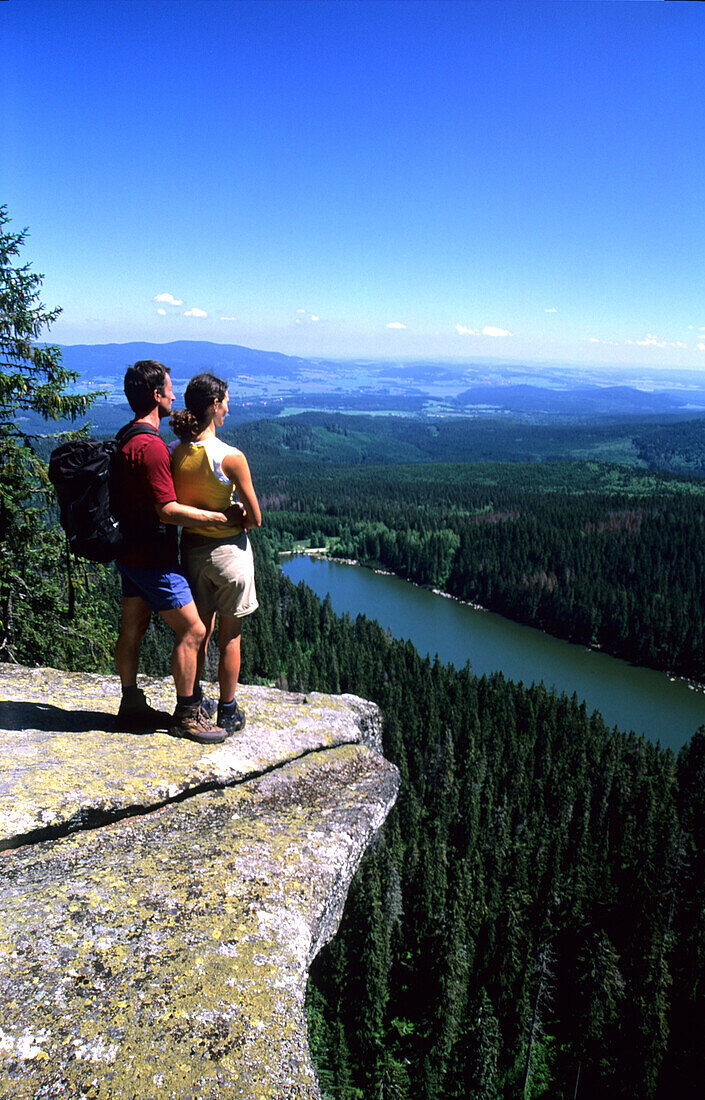 Couple of hikers, View on Plöckensee, Böhmerwald, border to Czech Republic, Upper Austria