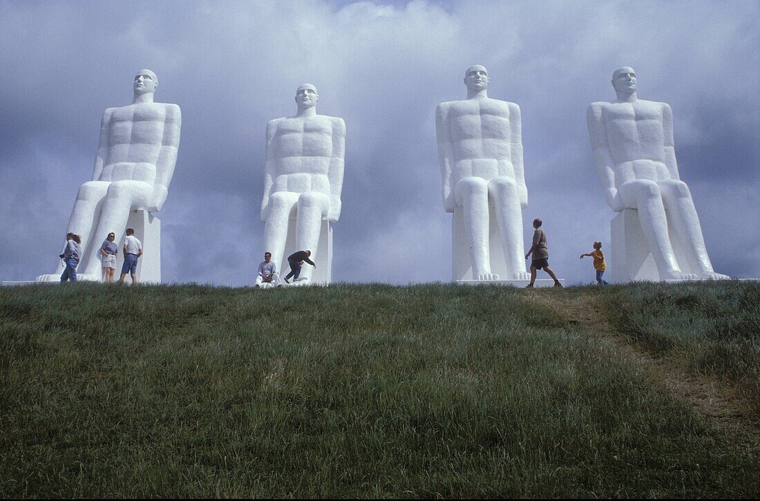 People in front of big sculptures, Esbjerg, Juetland, Denmark, Europe