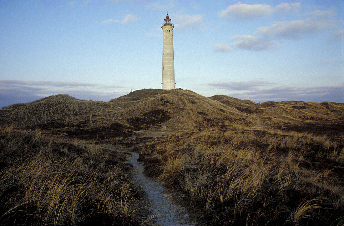 Lighthouse in lonesome landscape, Norre Lyngvig, Jutland, Denmark