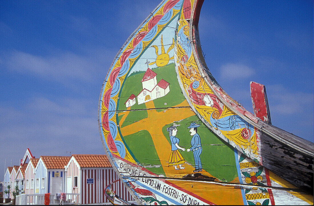 Traditional fishing boat on the beach, Costa Nova do Prado, Portugal, Europe