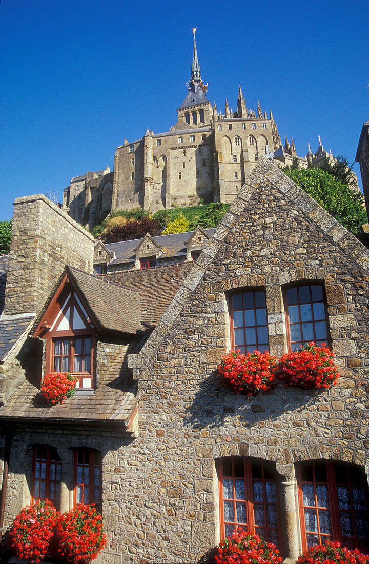 Houses and monastery in the sunlight, Mont Saint Michel, Normandy, France, Europe