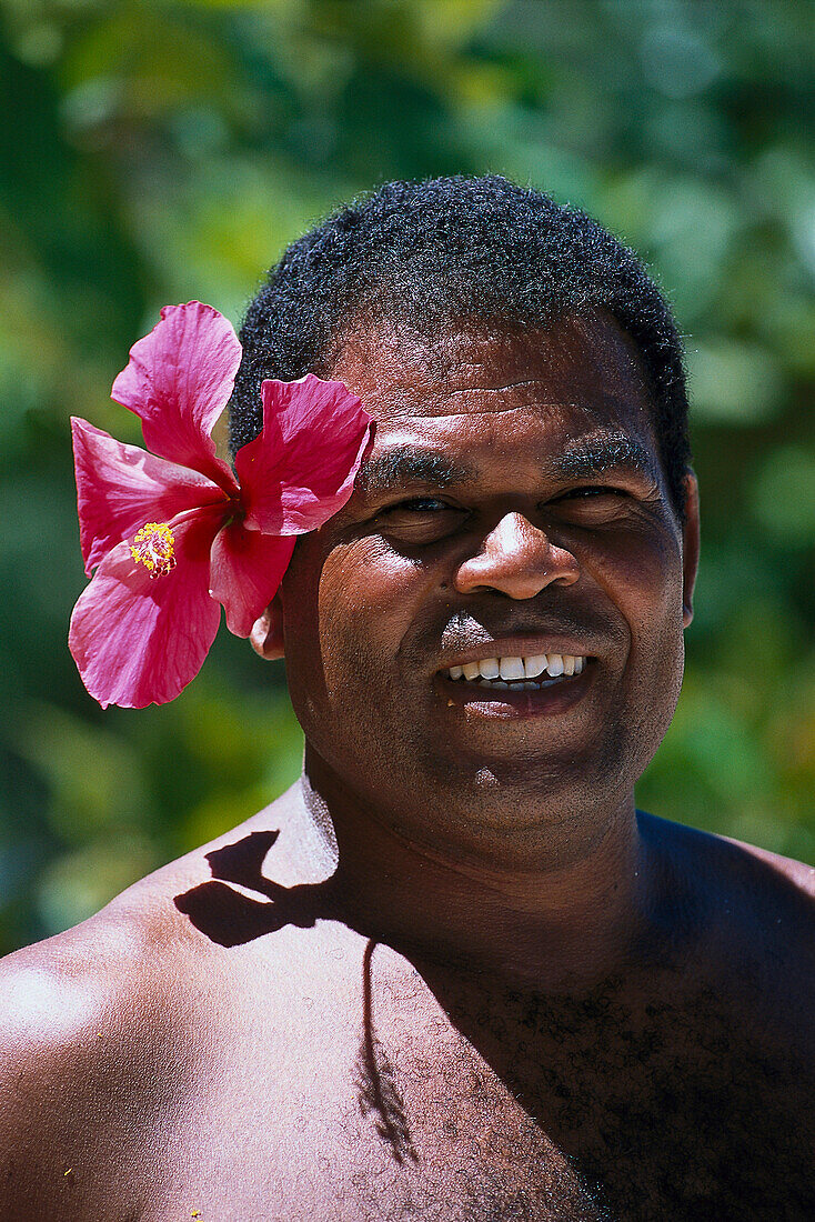 Man with Hibiscus, Blue Lagoon Cruise Nanuya Lailai Island, Fiji