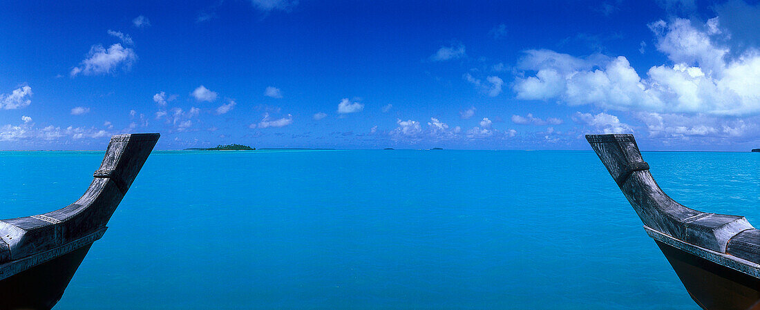 Bug eines Katamaran in der Aitutaki-Lagune, Aitutaki, Cook-Inseln, Südsee