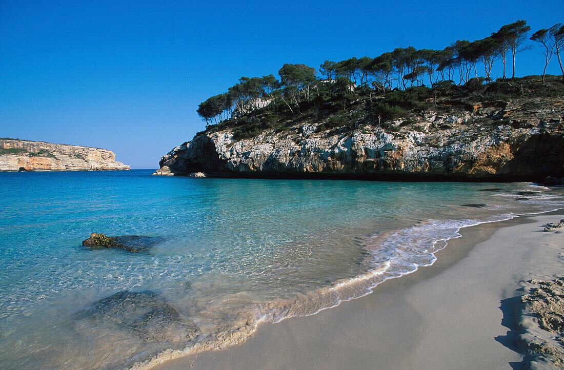 Sonniger Strand in einer Bucht an der Ostküste, Cala S´Amonia, Santany, Mallorca, Spanien, Europa