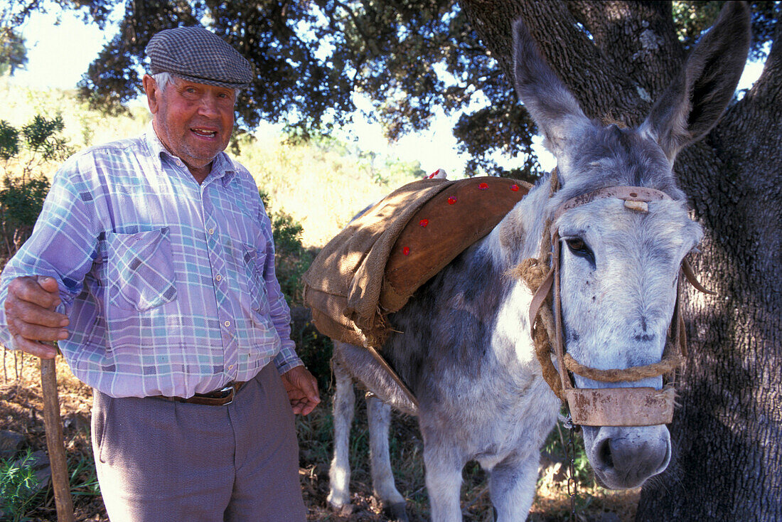 Ein Bauer und ein Esel stehen unter einem Baum, Serra do Caldeirao, Tavira, Algarve, Portugal, Europa
