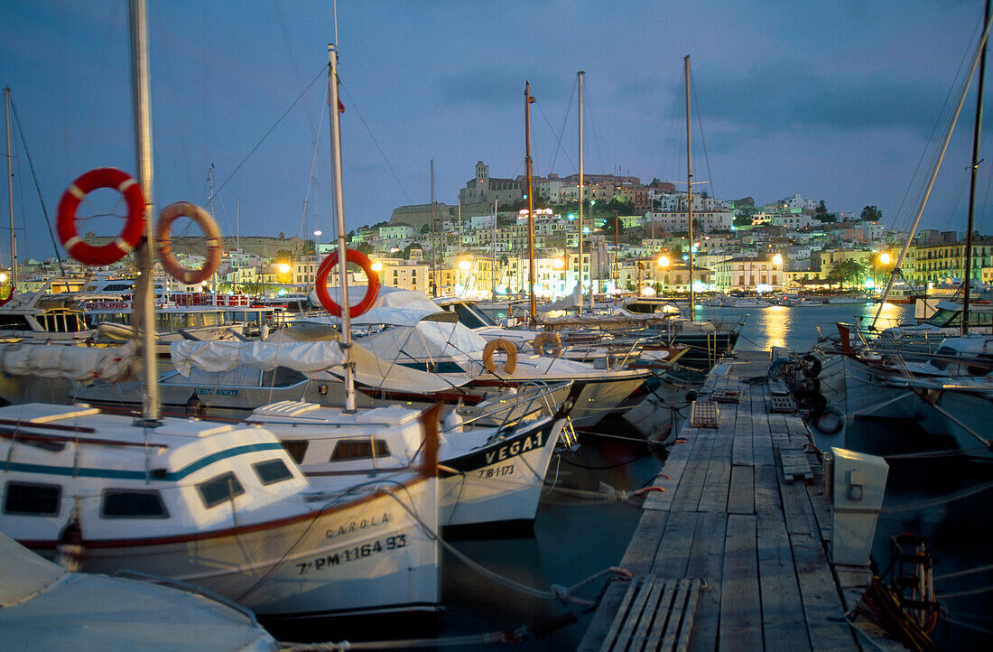 View across the harbour towards Dalt Vila, Ibiza old town, Ibiza, Balearic Islands, Spain