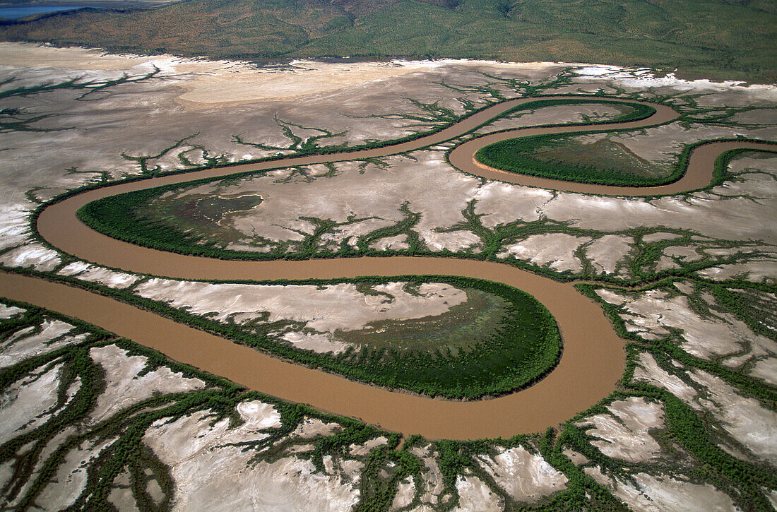 Luftaufnahme von King River mit Mangroven und Tidal Mud Flats, Wyndham, Kimberey, Westaustralien, Australien