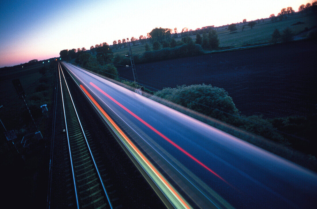 Regional train in twilight, Lower Saxony, Germany