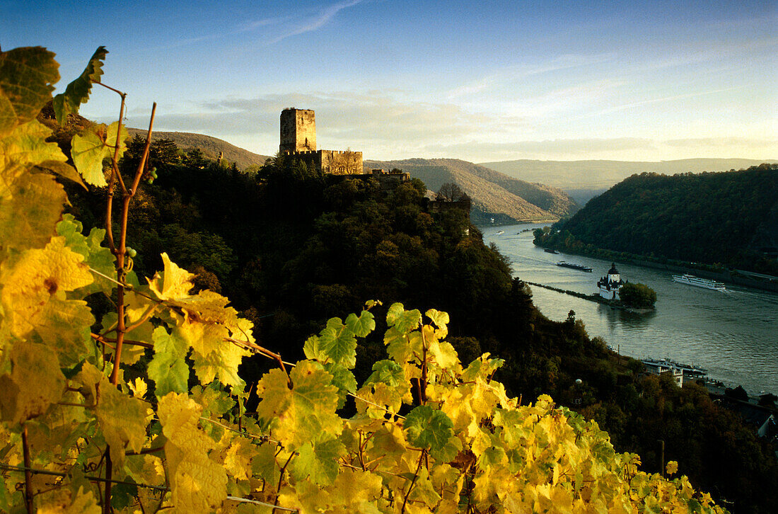 Castle Gutenfels and castle Pfalzgrafenstein to right, Rhine Valley, Rhineland-Palatinate, Germany