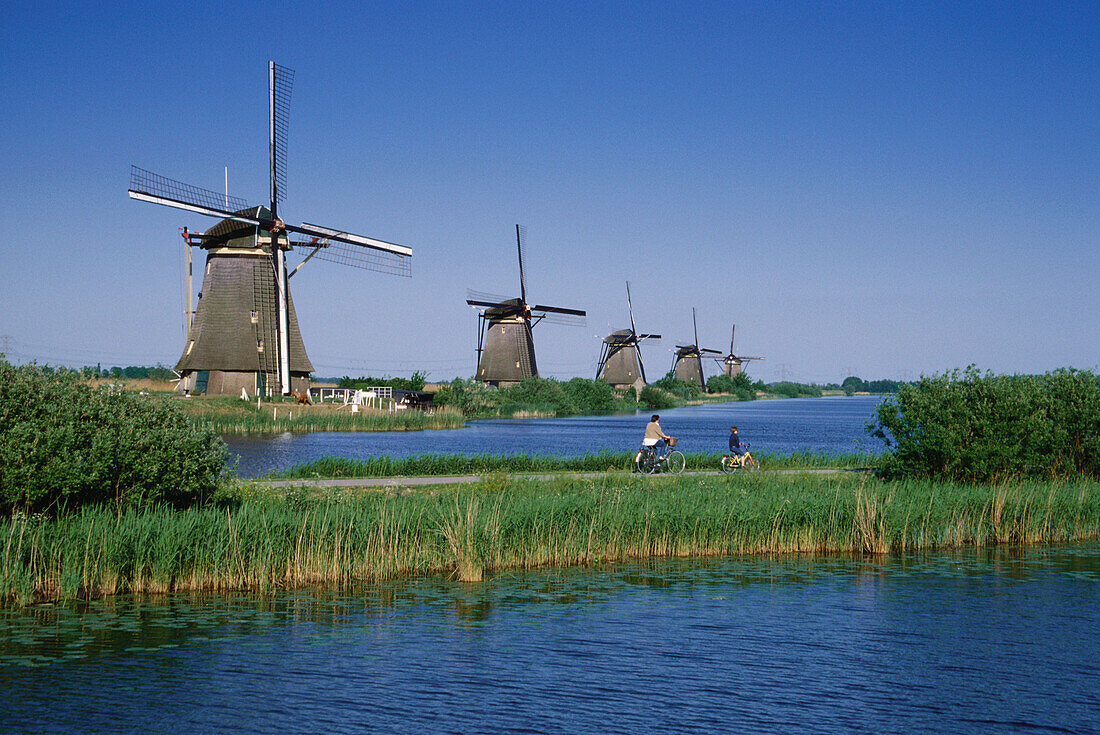 Windmuehlen und Radfahrer, bei Kinderdijk Niederlande