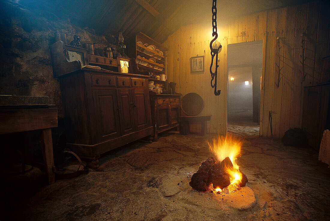 Nostalgic kitchen with fireplace, Black House, Scotland, Great Britain