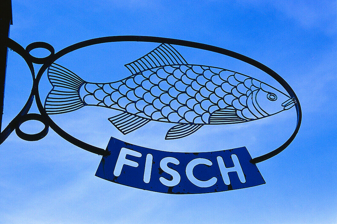 Fish selling sign, Mecklenburg Lake District, Mecklenburg-Western Pomerania, Germany