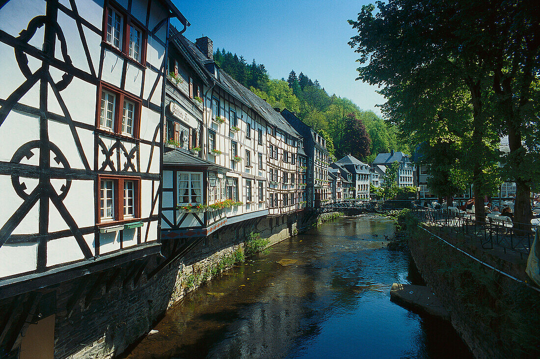 Half timbered houses on Rur River, Monschau, Eifel, North Rhine-Westphalia, Germany