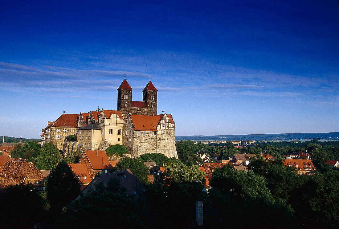 View of Quedlinburg and castle, Harz, Saxony-Anhalt, Germany
