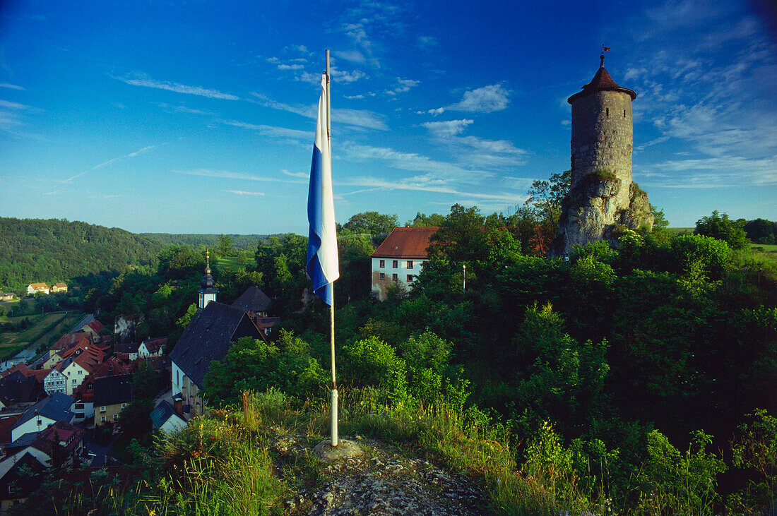 The tower Steinerner Beutel in Waischenfeld, Frankonian Switzerland, Franconia, Bavaria, Germany