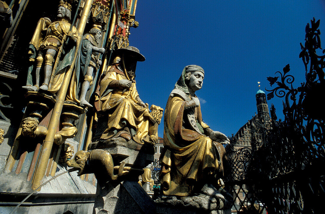 Schoener Brunnen at central market, Nuremberg, Franconia, Bavaria, Germany