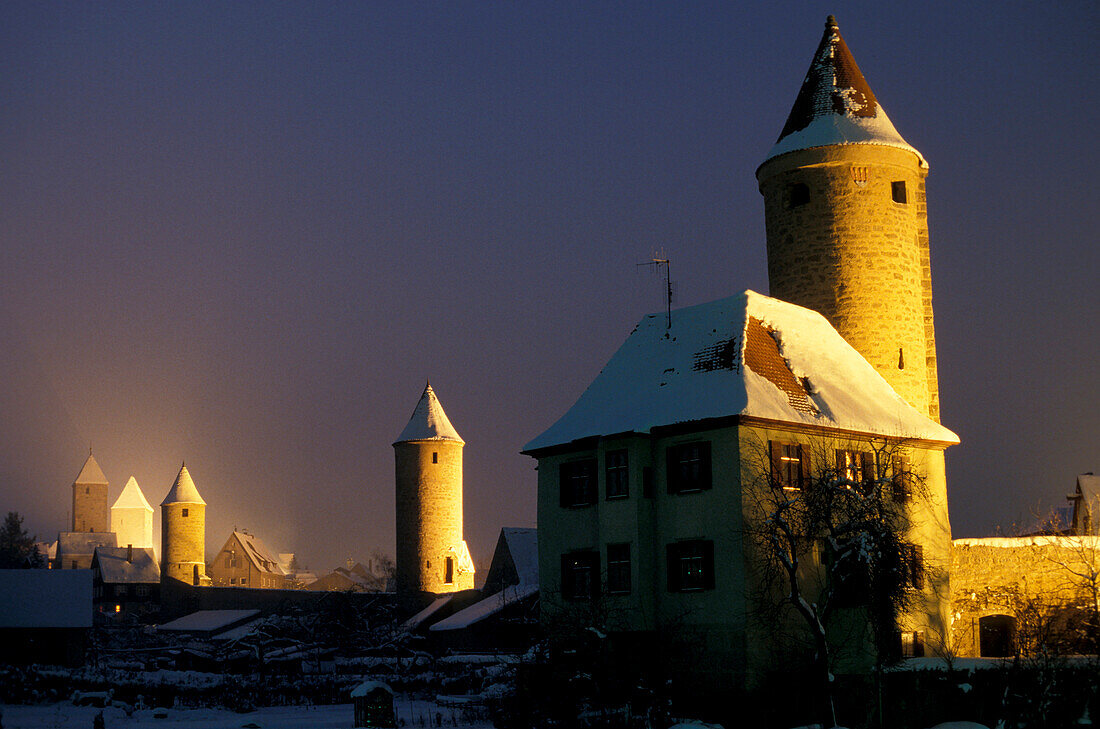 Old city wall and watch towers, snowcovered, Dinkelsbuhl, the Romantic Road, Franconia, Bavaria, Germany