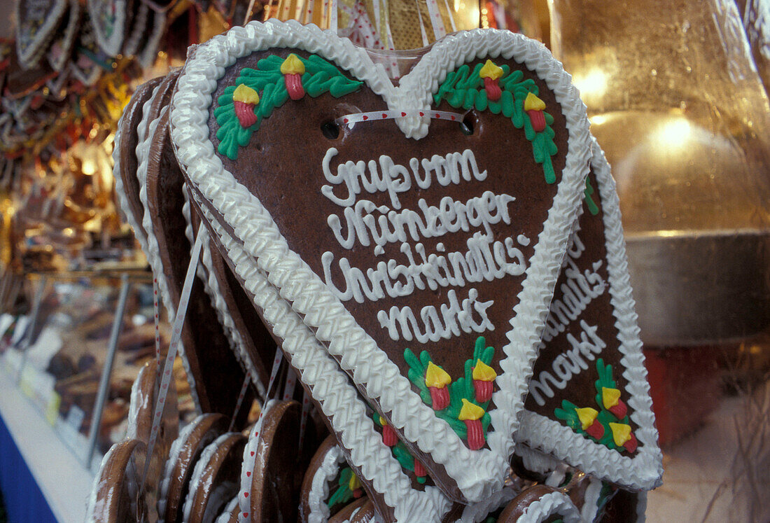 Gingerbread hearts from christmas market in Nuremberg, Franconia, Bavaria, Germany