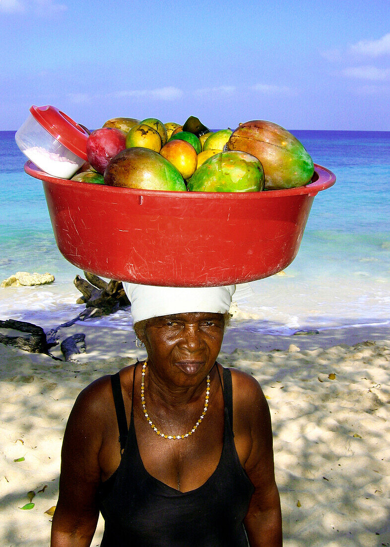 Old Lady selling fruit, Carribbean Beach, Cartagena, Colombia, South America