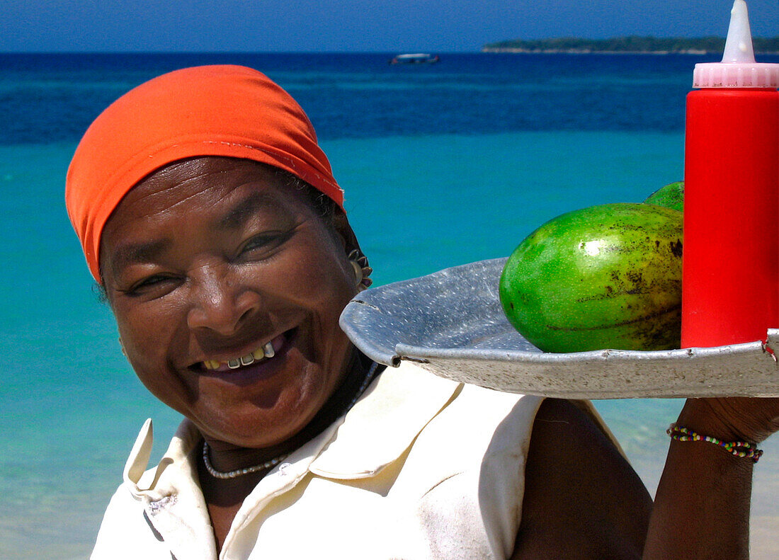 Fruit Vendor with Red Bottles, Carribbean Beach, Cartagena, Colombia, South America