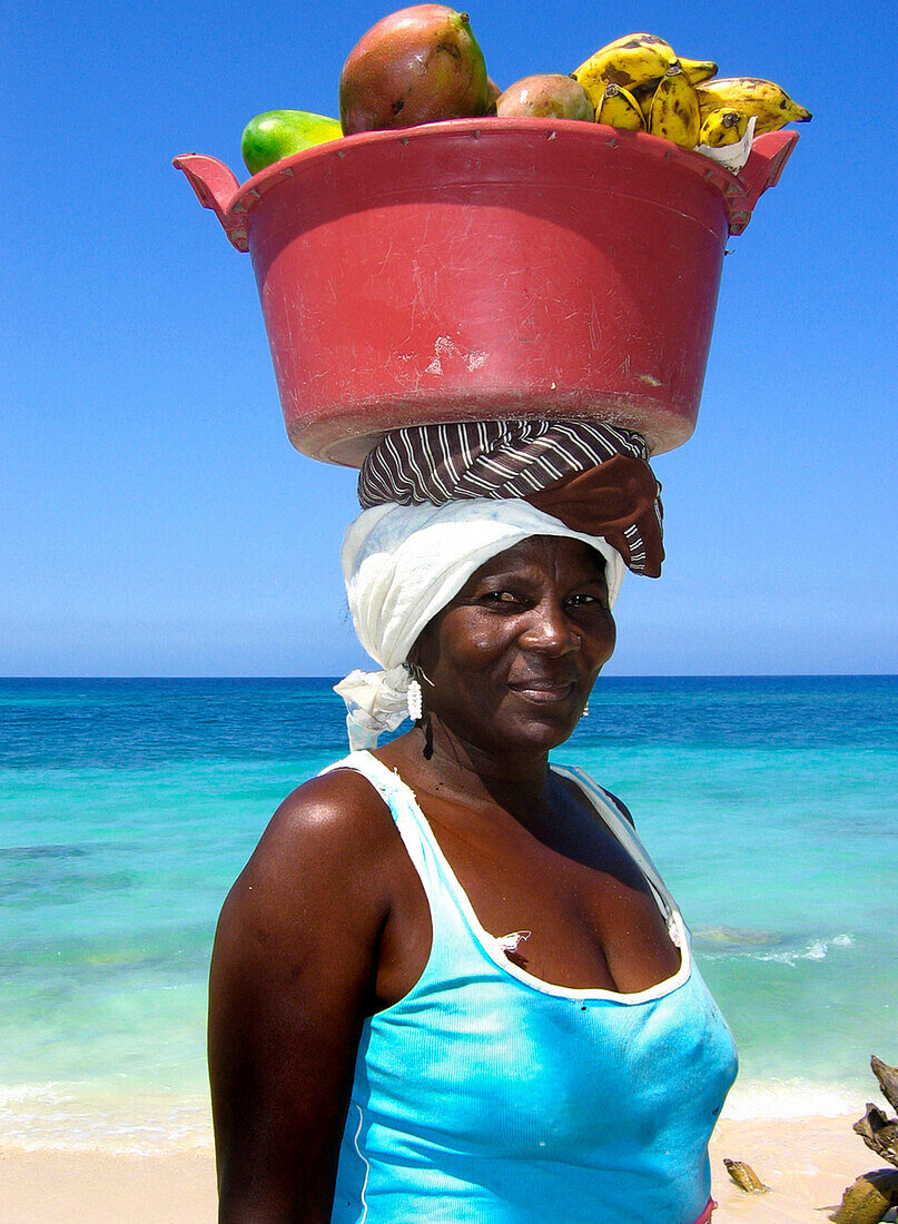 Fruit Vendor with Red Bowl, Carribbean Beach, Cartagena, Colombia, South America