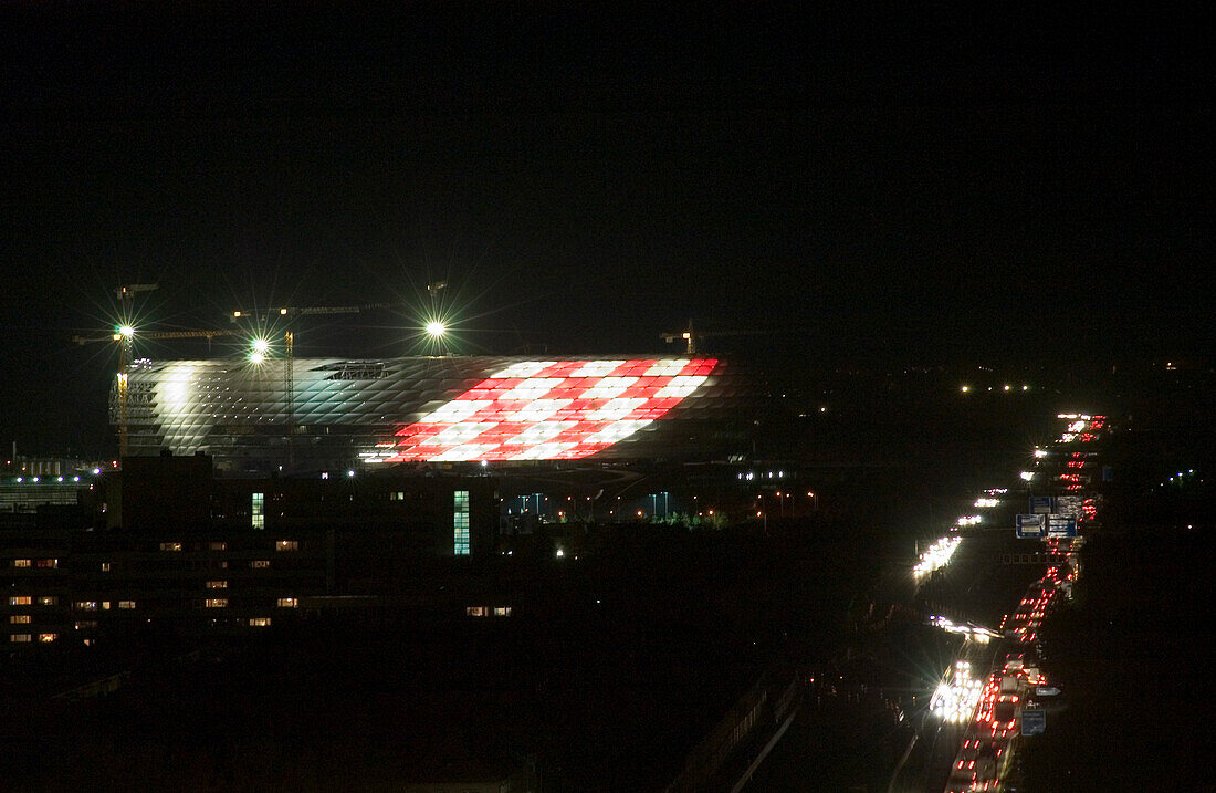 Allianz Arena, Allianz Arena light test, construction, world championship, world cup, soccer, stadium, Munich, Bavaria, Germany