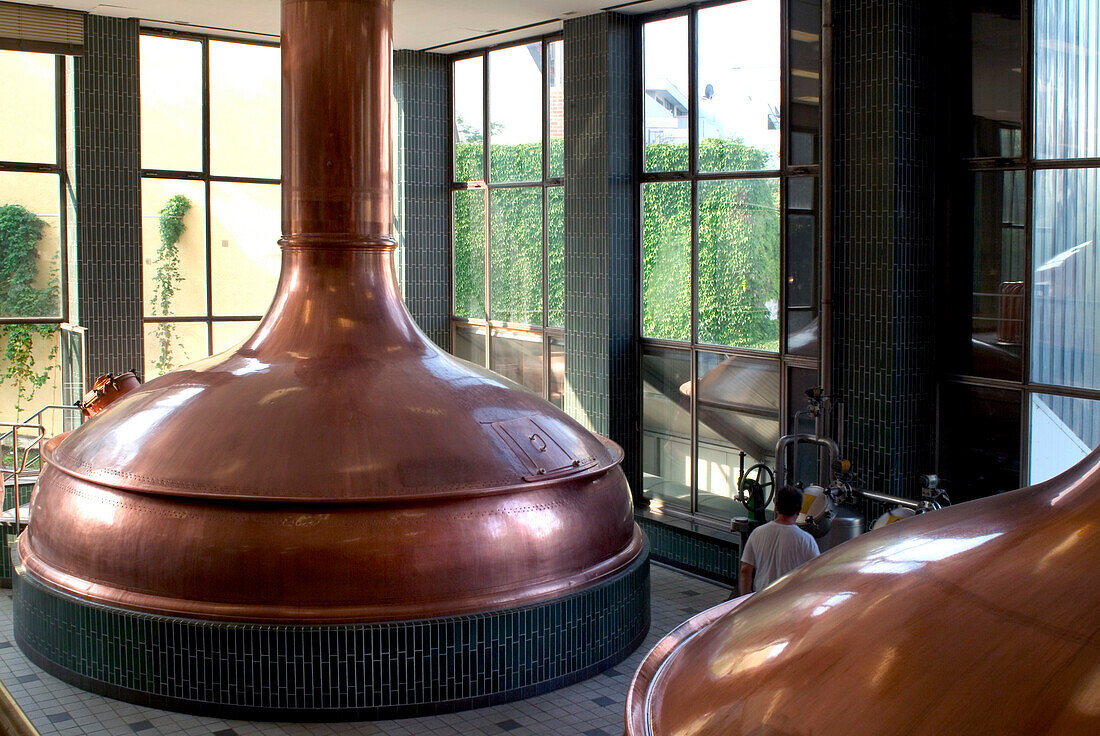 Copper brew kettles, Paulaner Brauerei, Munich, Bavaria, Germany