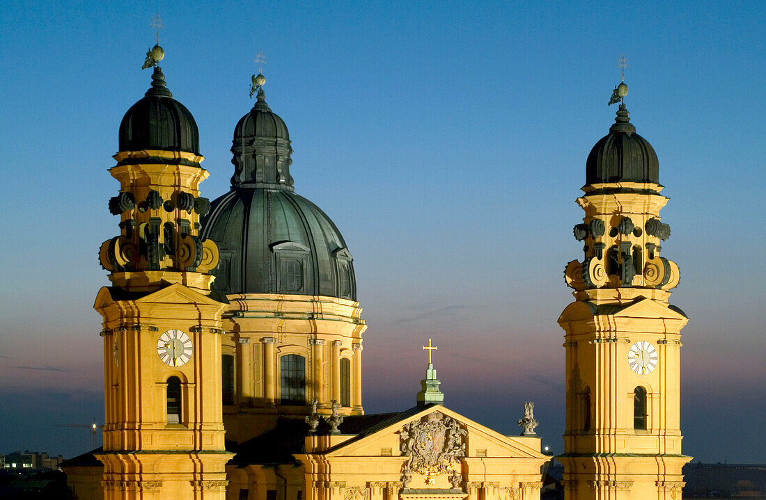 The Theatinerkirche at Odeonsplatz at dusk, Munich, Bavaria, Germany