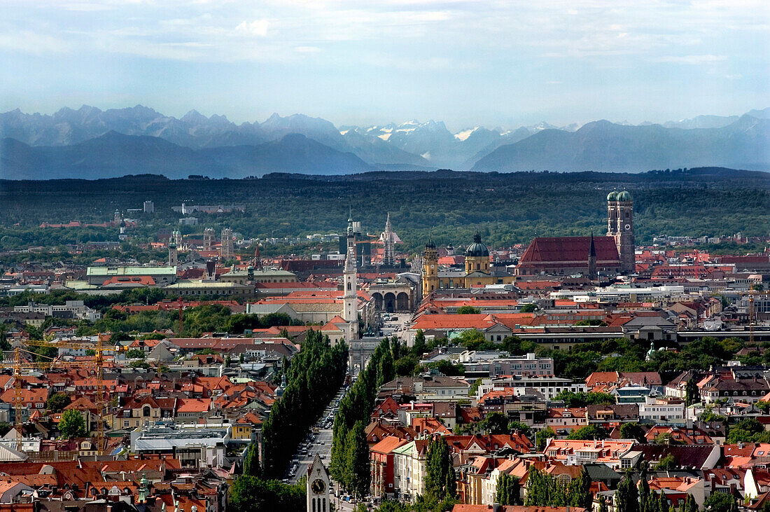 Munich with Alps, Skyline of Munich with Frauenkirche and Alps, Bavaria, Germany