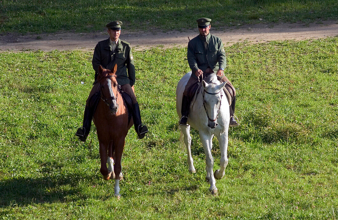 Berittene Polizei, Mounted Police on Horseback at the Isar, Munich, Bavaria, Germany